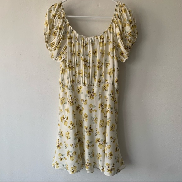 NWT Doen Sera Silk Short Puff Sleeve V Neck Mini Dress Gold Frolicking Floral - Picture 9 of 11